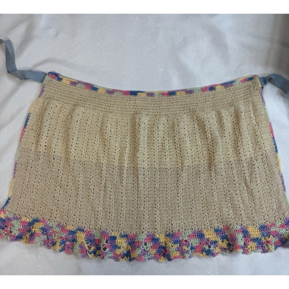 Vtg Crochet Half Apron Handmade Pastel Ruffle Hem Blue Ribbon Ties Cottagecore